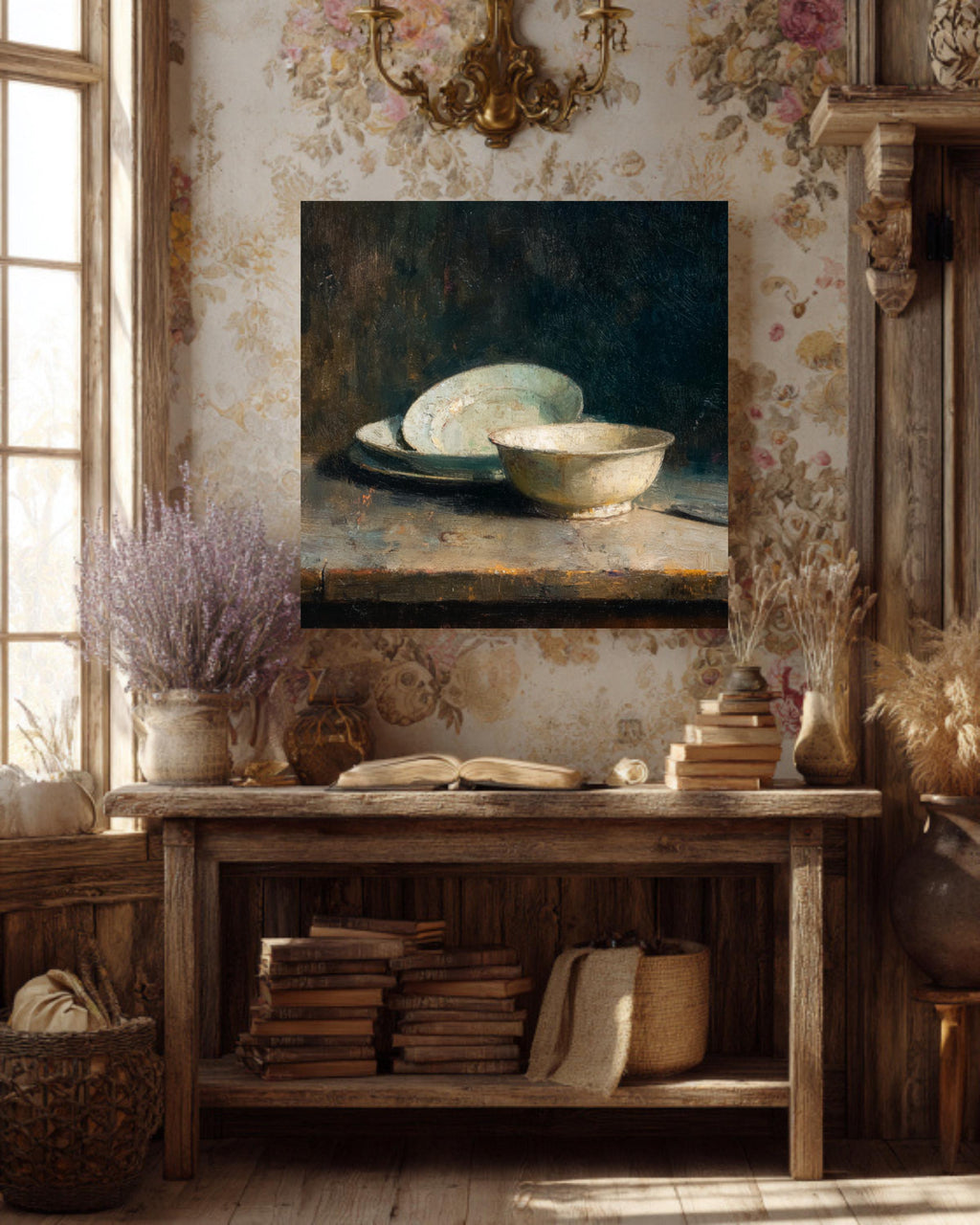 Vintage Still Life Oil Painting on Canvas, Dark Academia Kitchen Art