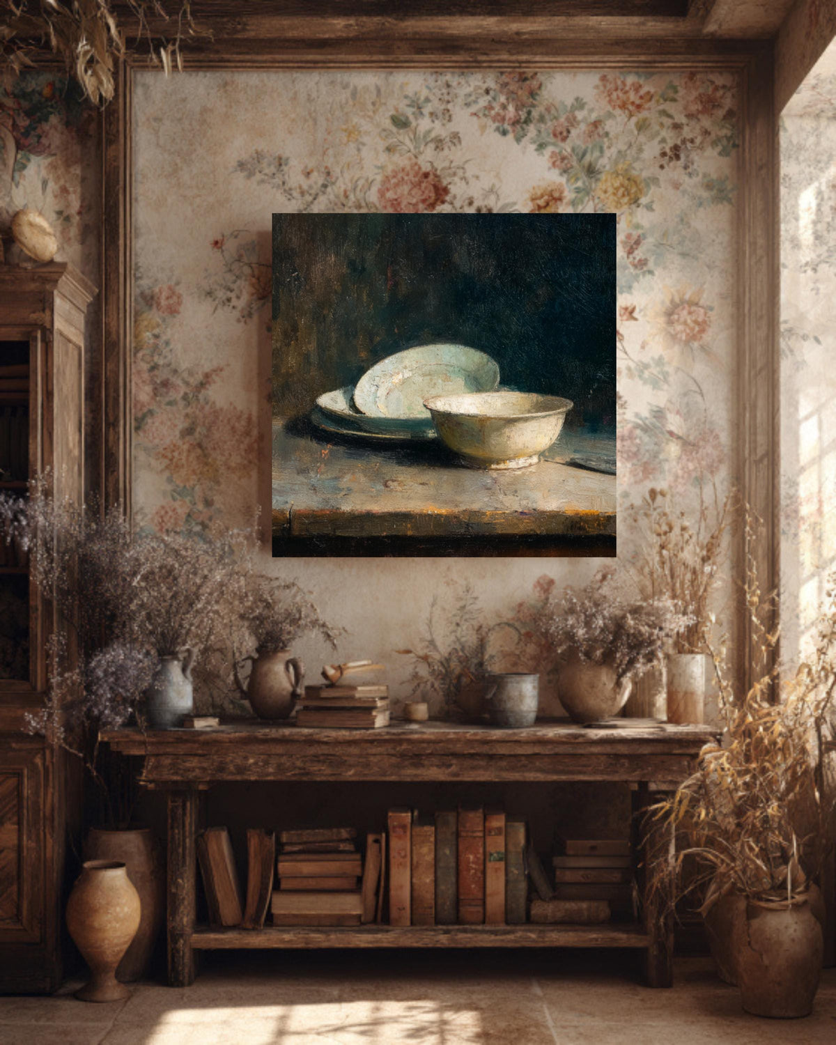 Vintage Still Life Oil Painting on Canvas, Dark Academia Kitchen Art