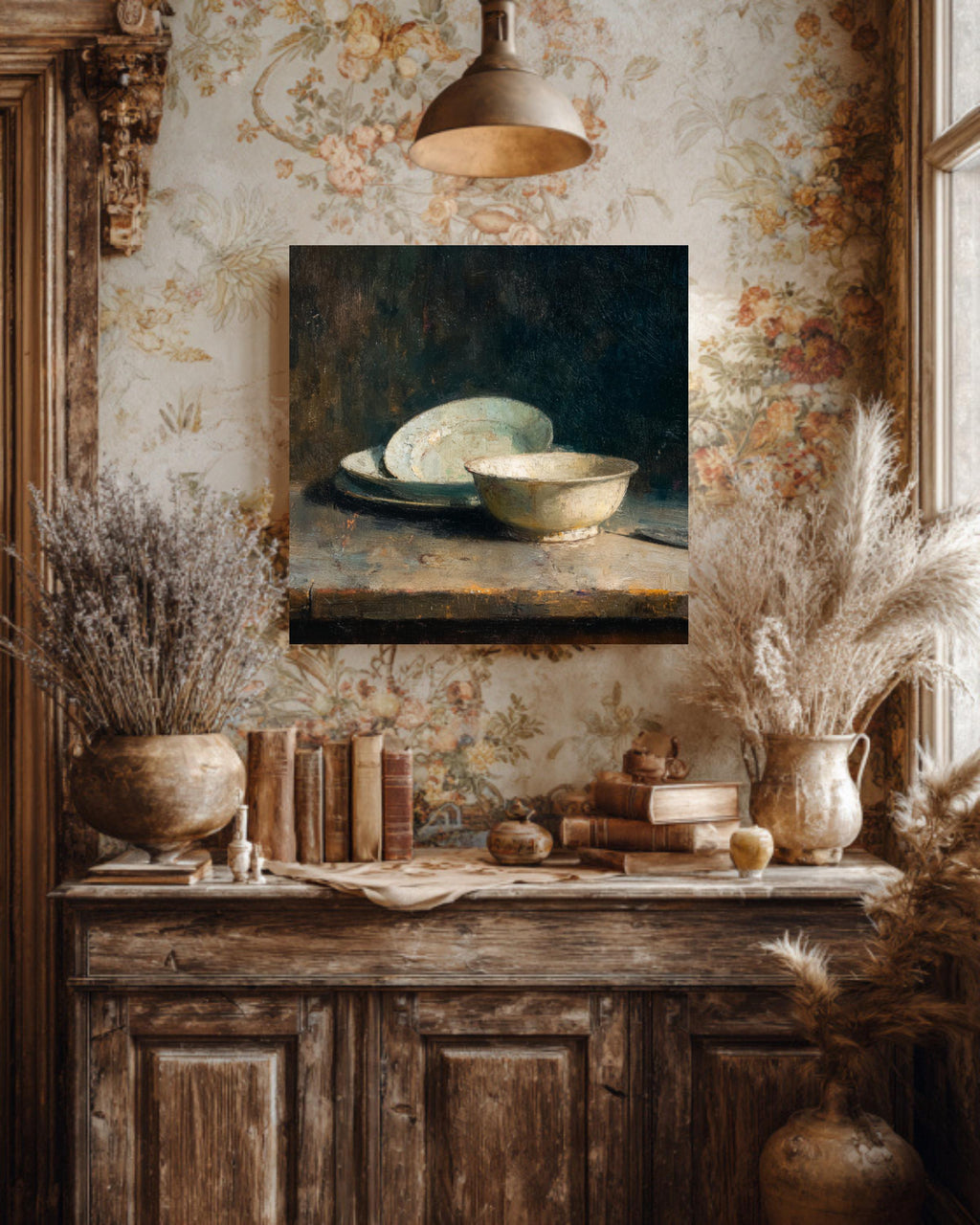 Vintage Still Life Oil Painting on Canvas, Dark Academia Kitchen Art