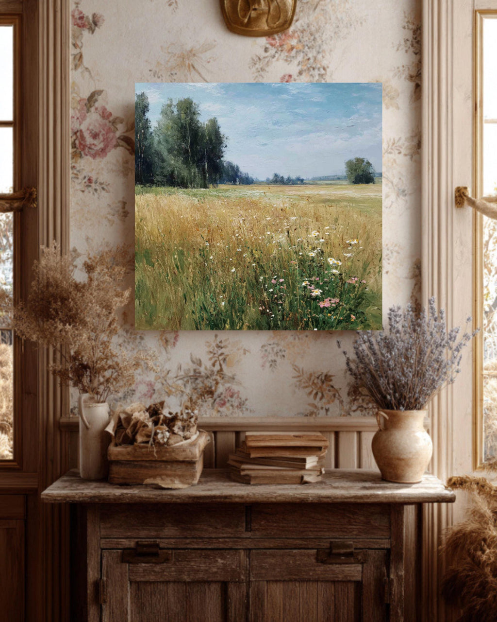 Impressionist Wildflower Meadow Canvas, Sunny Countryside Landscape, Framed Wall Art
