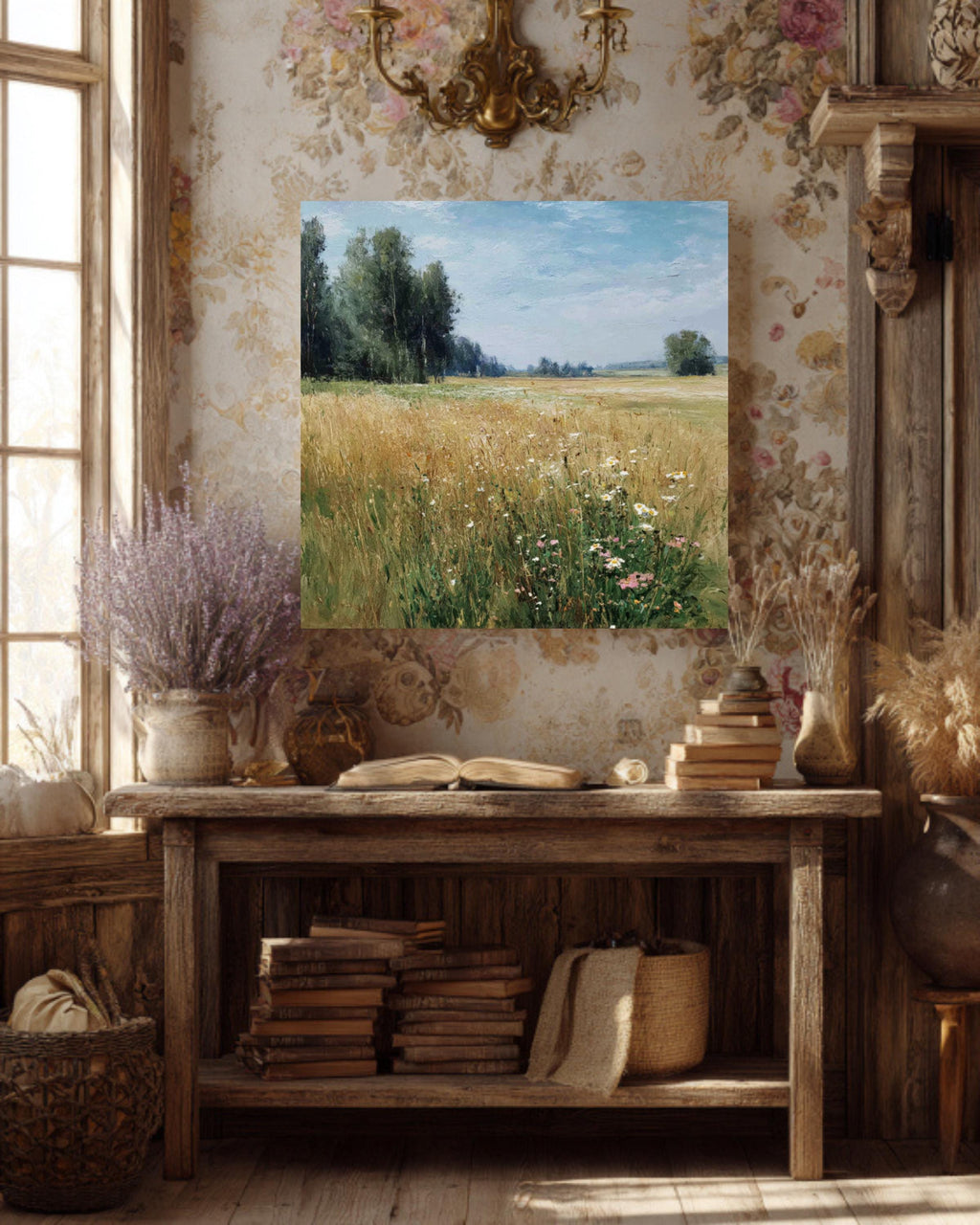 Impressionist Wildflower Meadow Canvas, Sunny Countryside Landscape, Framed Wall Art