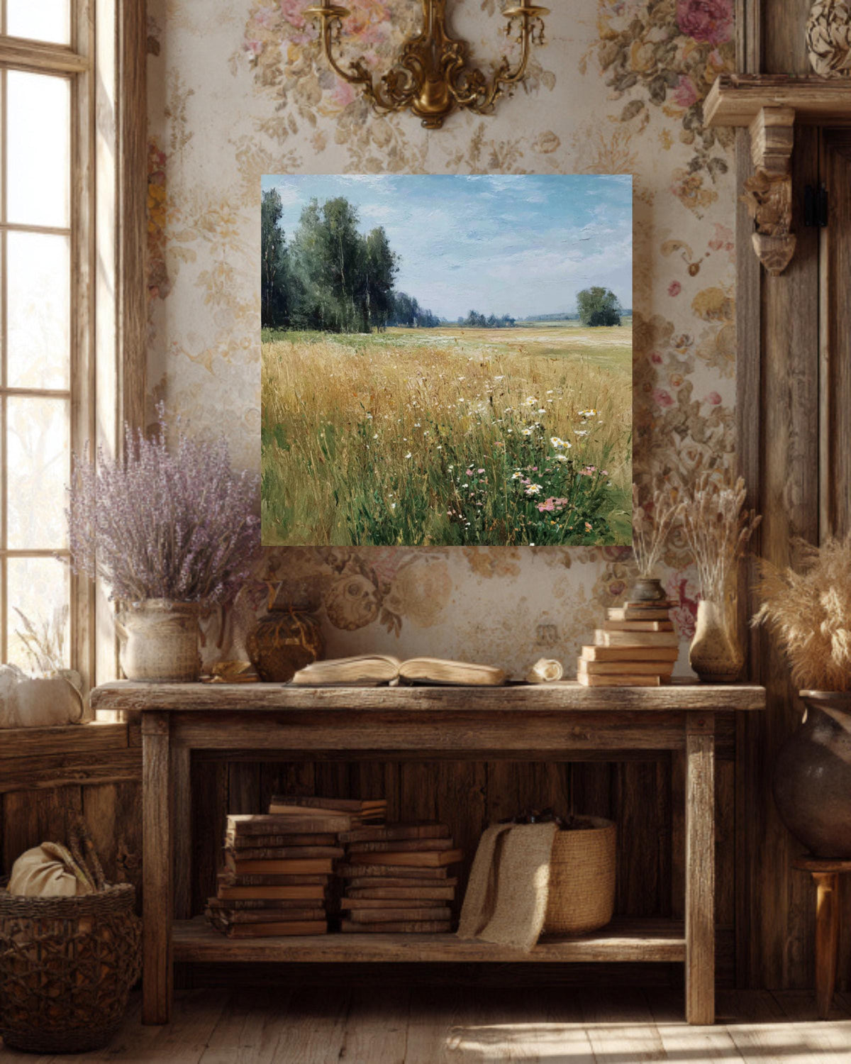 Impressionist Wildflower Meadow Canvas, Sunny Countryside Landscape, Framed Wall Art