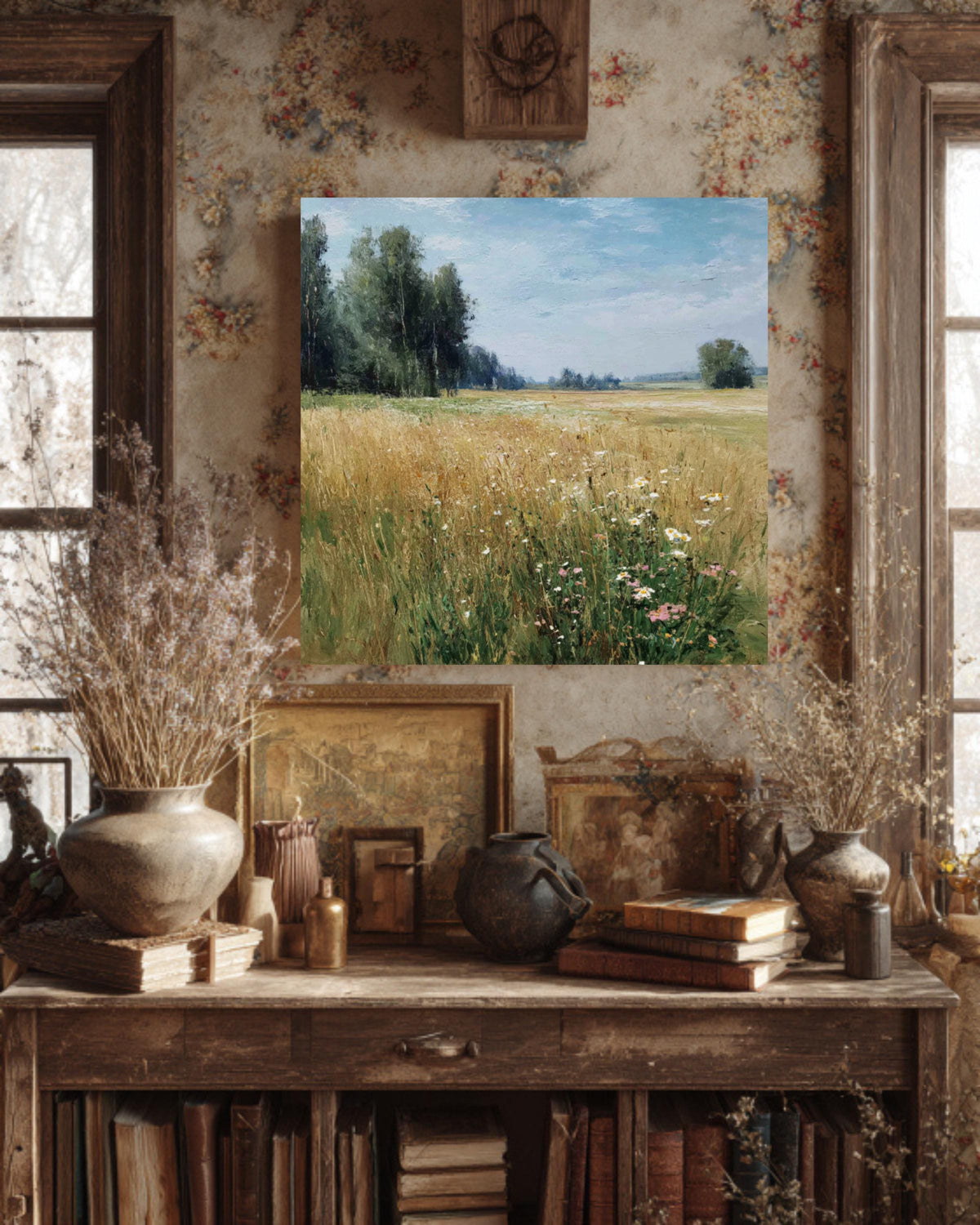 Impressionist Wildflower Meadow Canvas, Sunny Countryside Landscape, Framed Wall Art