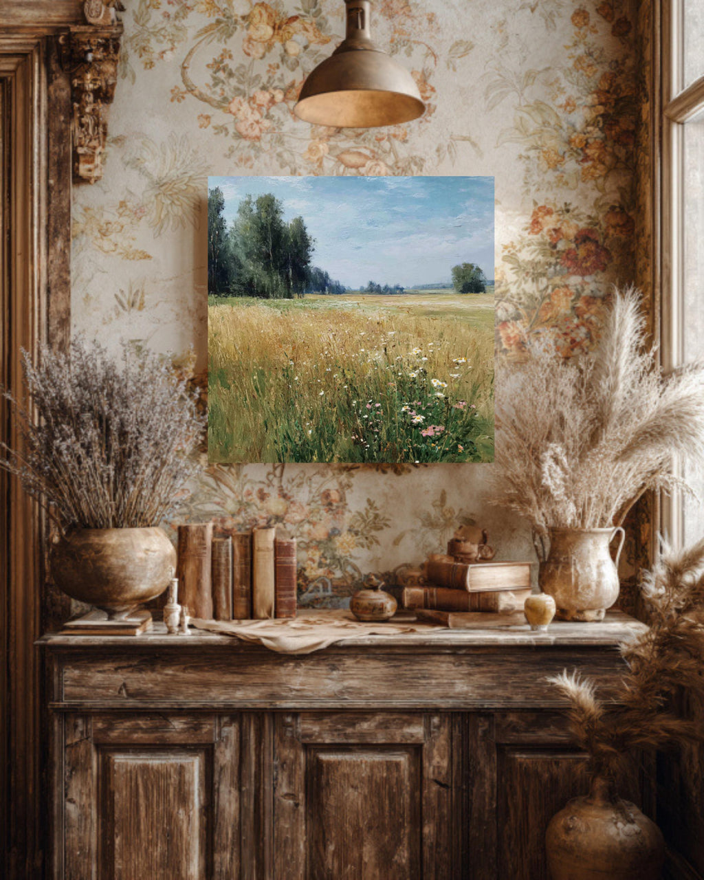Impressionist Wildflower Meadow Canvas, Sunny Countryside Landscape, Framed Wall Art