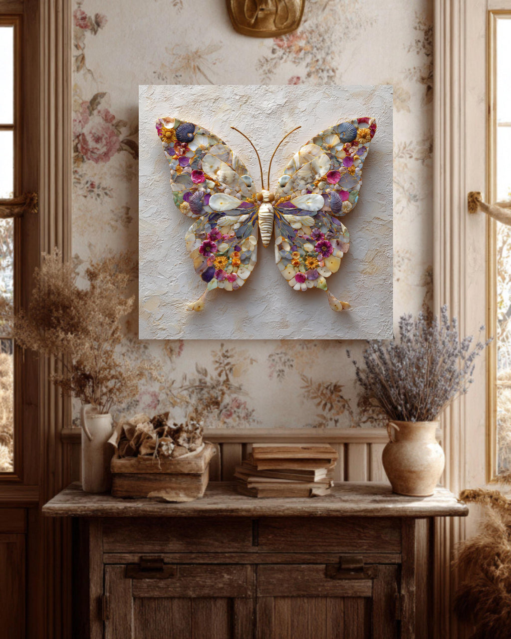 Seashell Butterfly Mosaic Canvas Print, Coastal Nature Wall Art