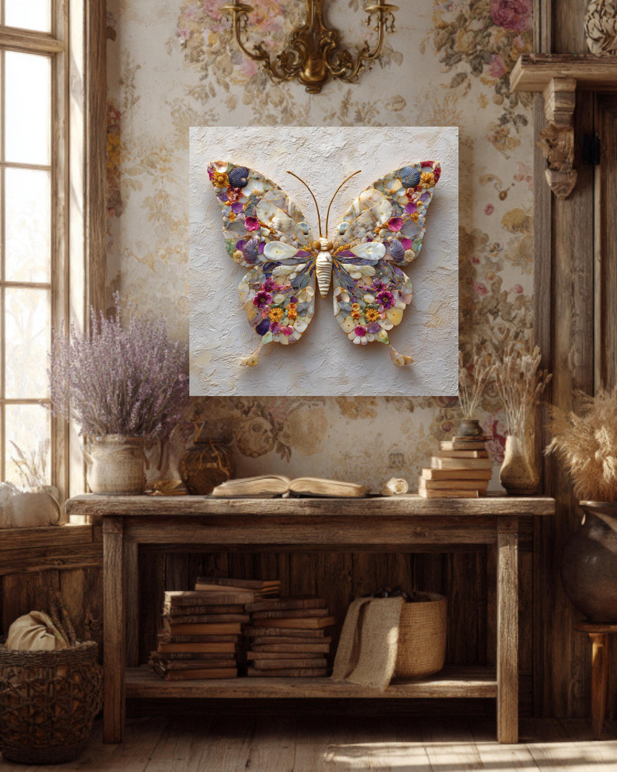 Seashell Butterfly Mosaic Canvas Print, Coastal Nature Wall Art