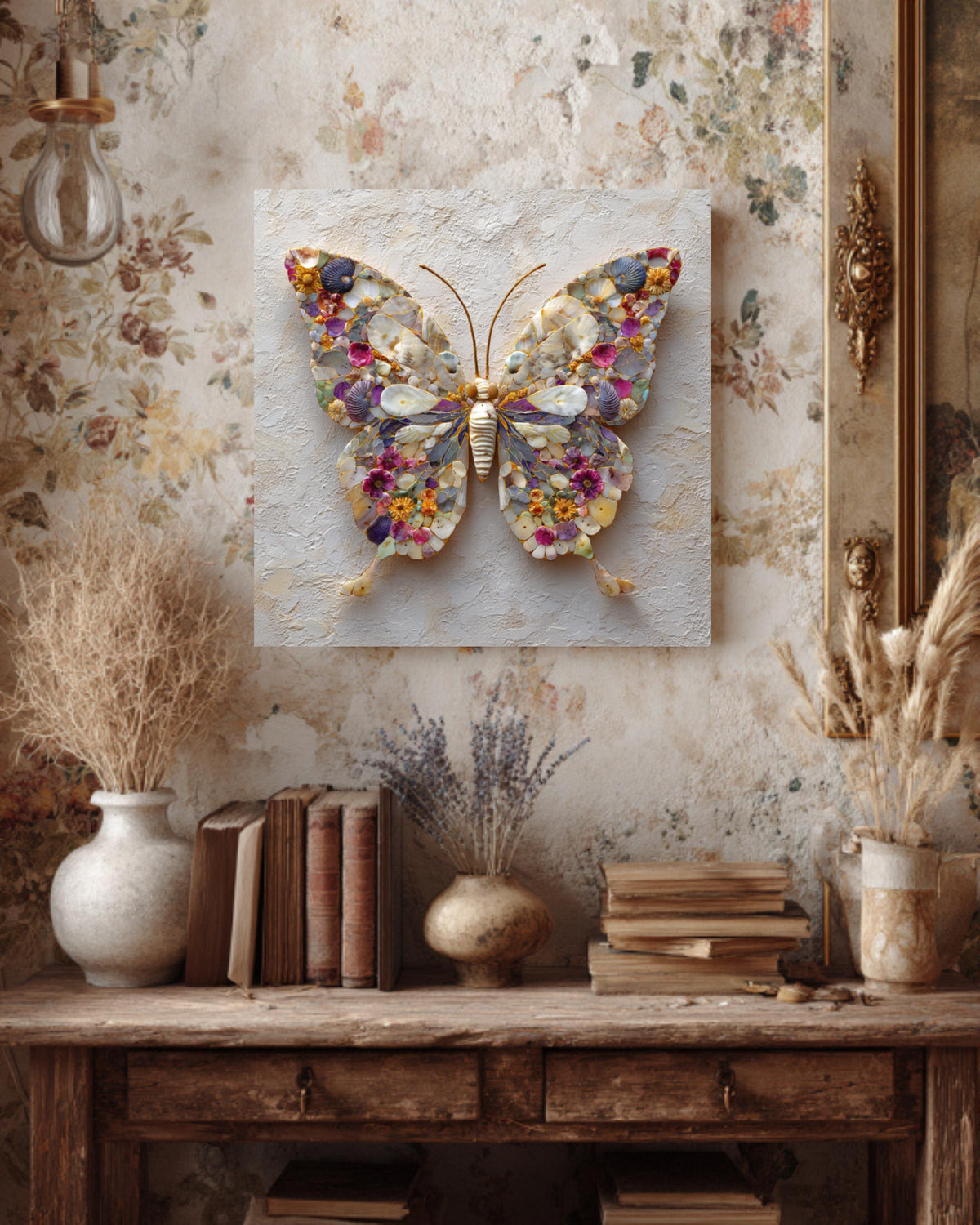 Seashell Butterfly Mosaic Canvas Print, Coastal Nature Wall Art