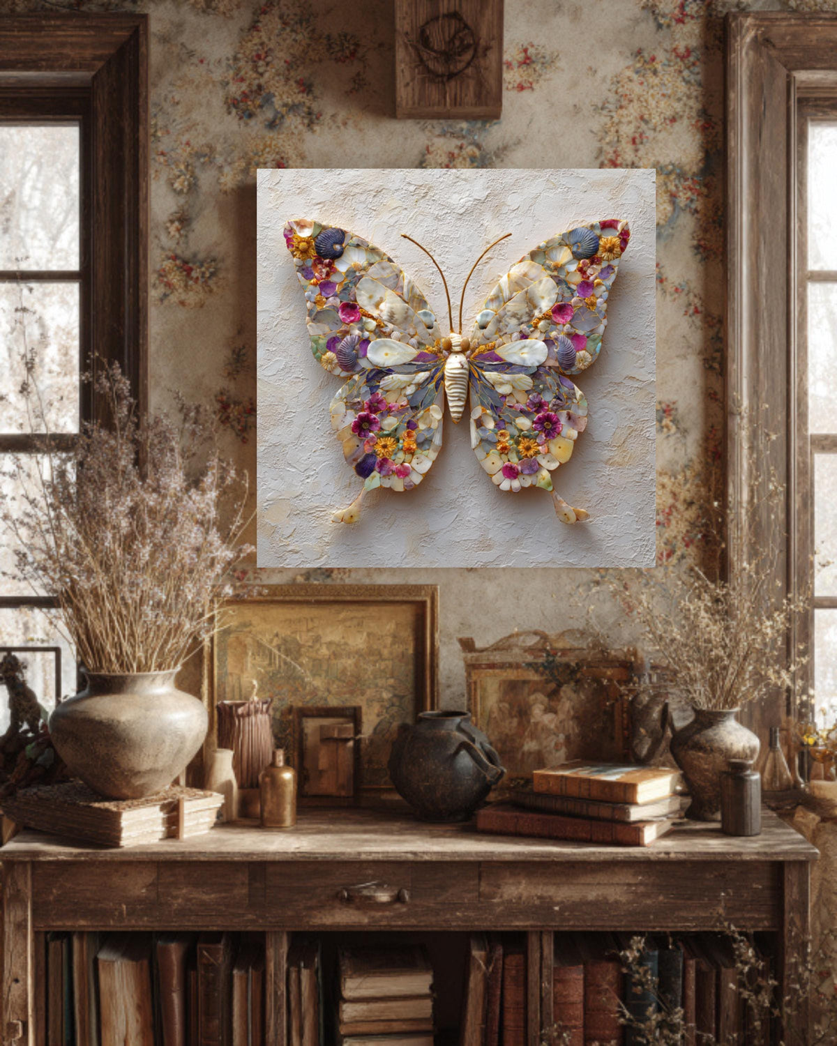 Seashell Butterfly Mosaic Canvas Print, Coastal Nature Wall Art