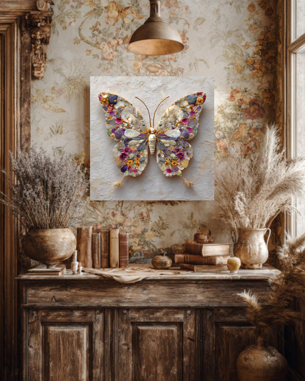 Seashell Butterfly Mosaic Canvas Print, Coastal Nature Wall Art