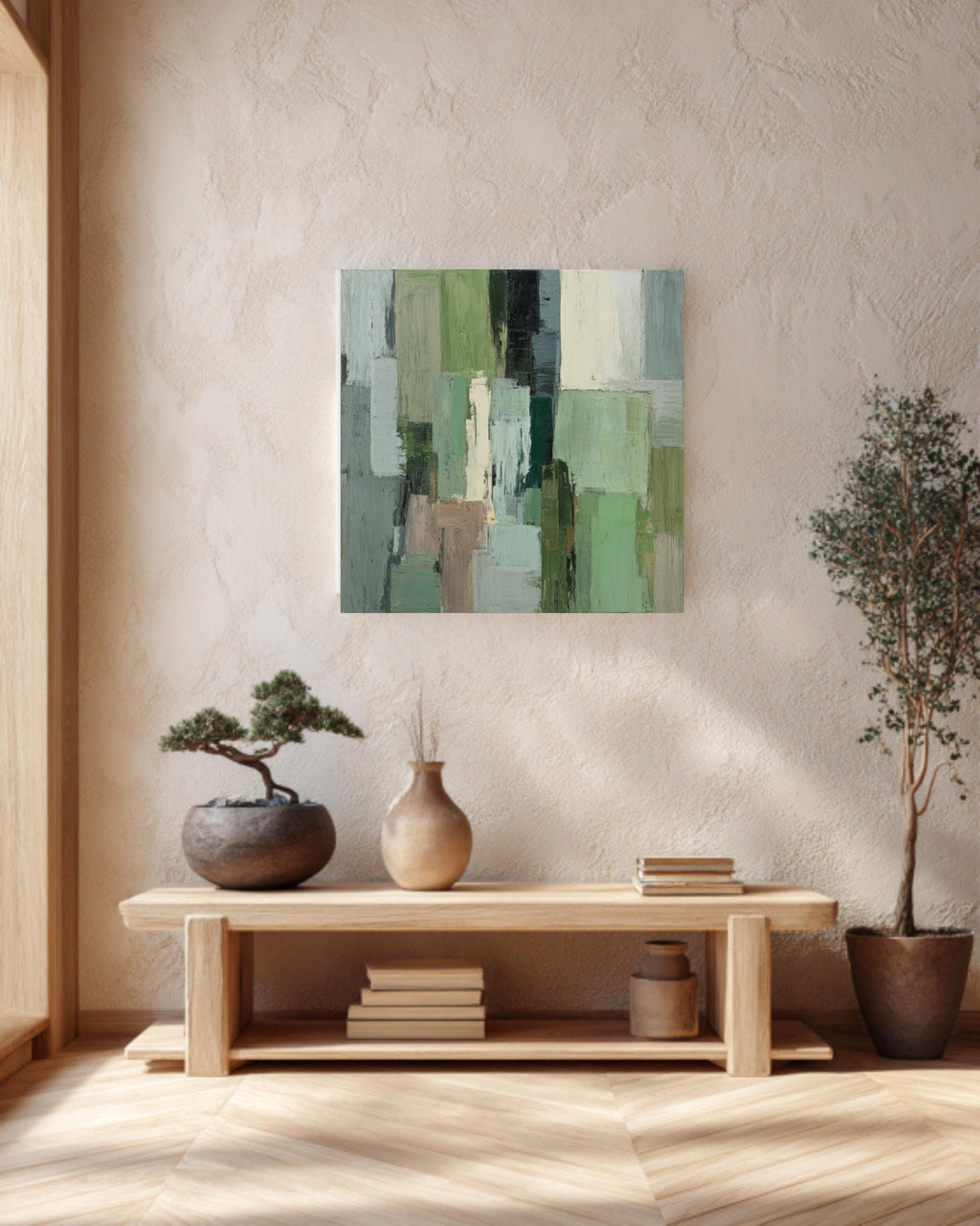 Sage Green Abstract Canvas Art, Modern Geometric Print