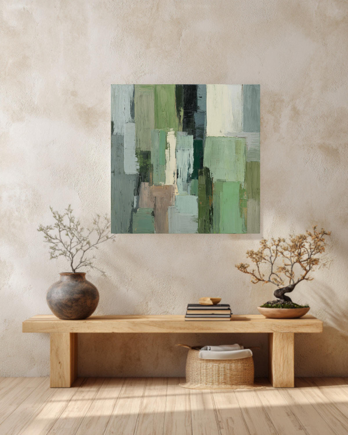 Sage Green Abstract Canvas Art, Modern Geometric Print