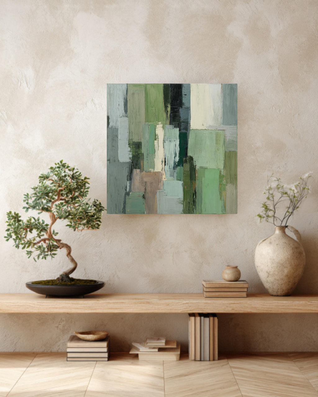 Sage Green Abstract Canvas Art, Modern Geometric Print