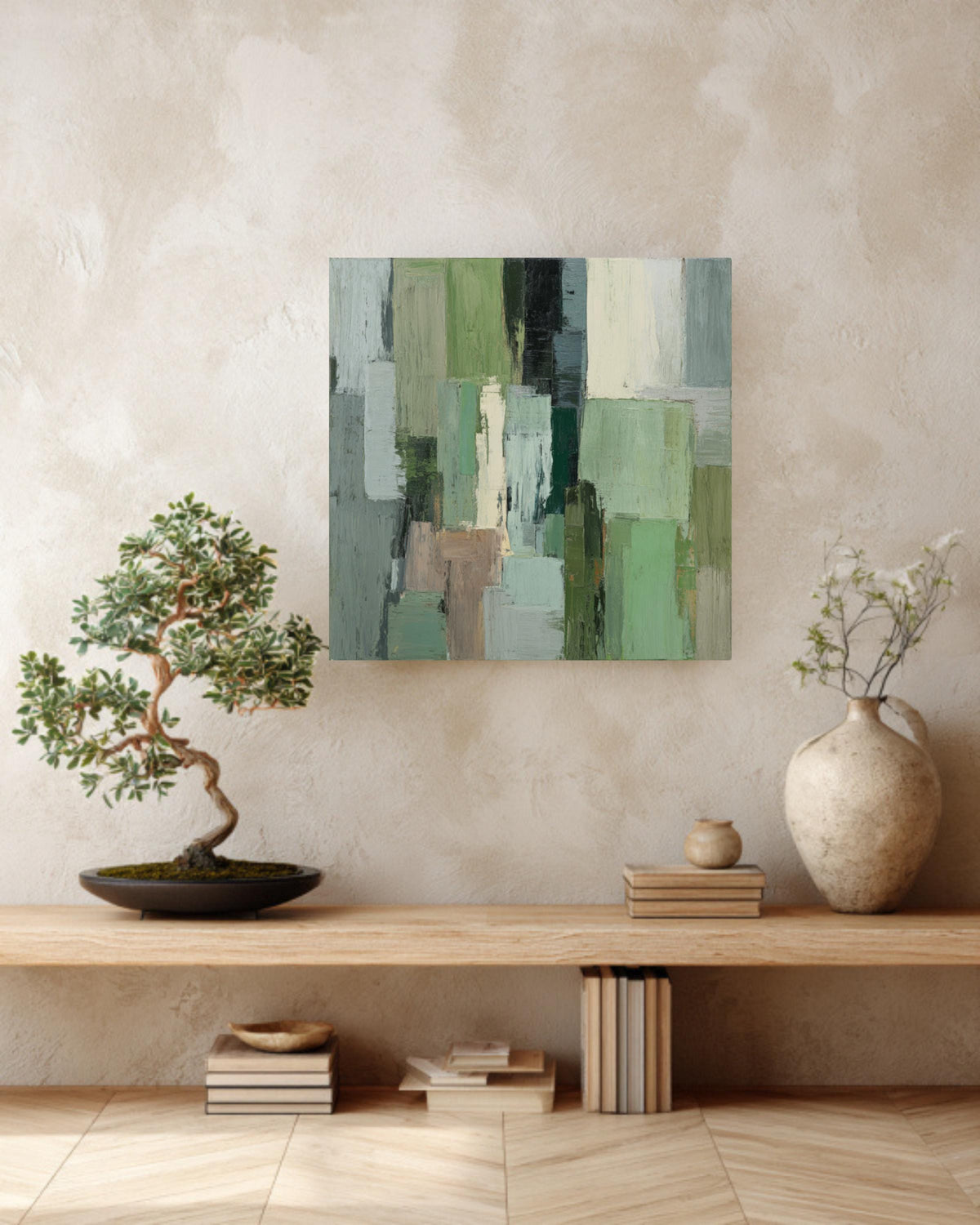 Sage Green Abstract Canvas Art, Modern Geometric Print