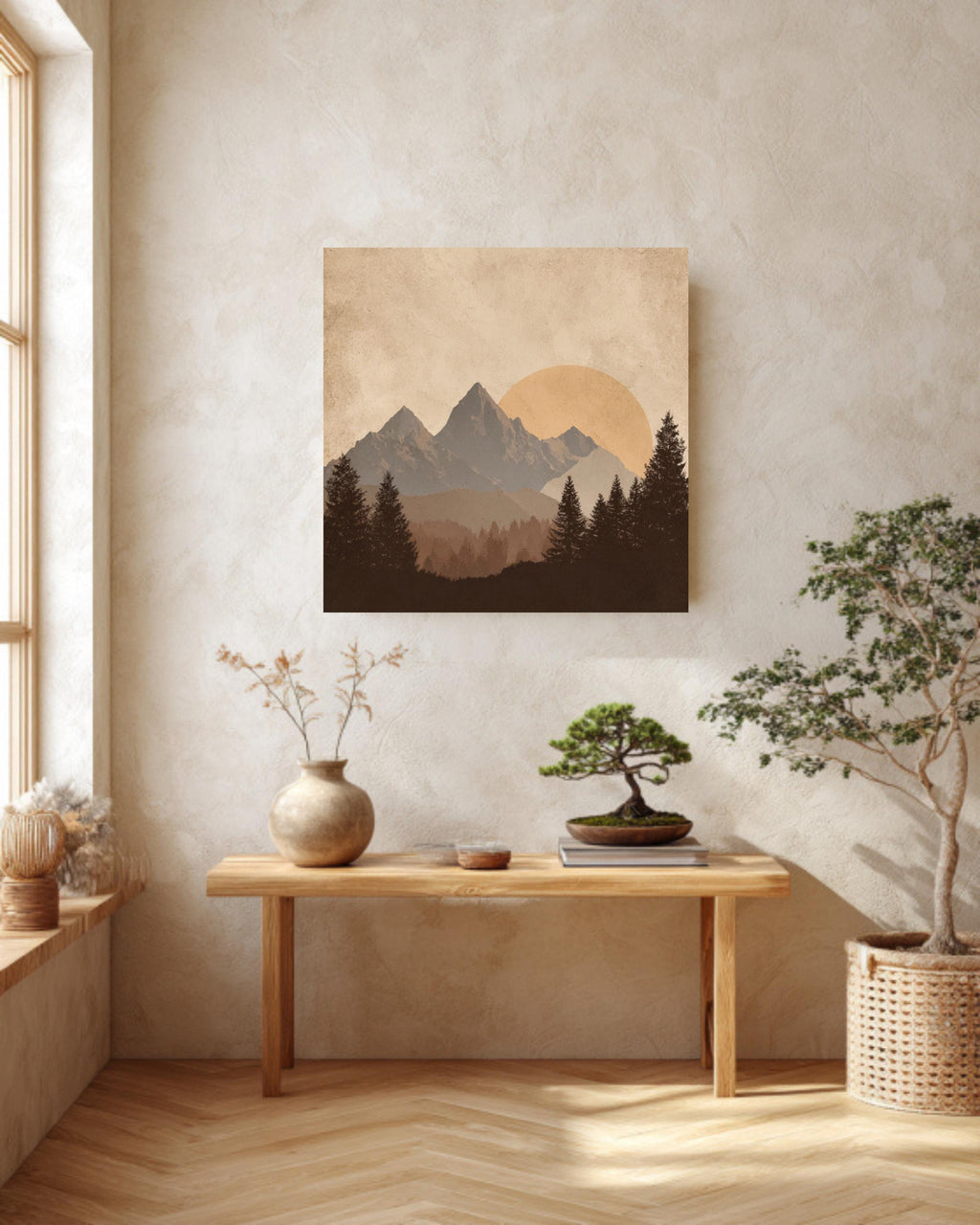 Minimalist Mountain Canvas Art, Sun and Forest Scenery, Mid Century Modern