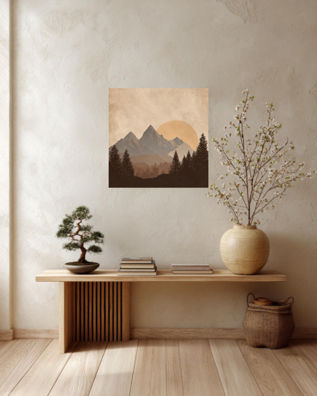 Minimalist Mountain Canvas Art, Sun and Forest Scenery, Mid Century Modern