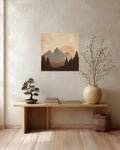 Minimalist Mountain Canvas Art, Sun and Forest Scenery, Mid Century Modern