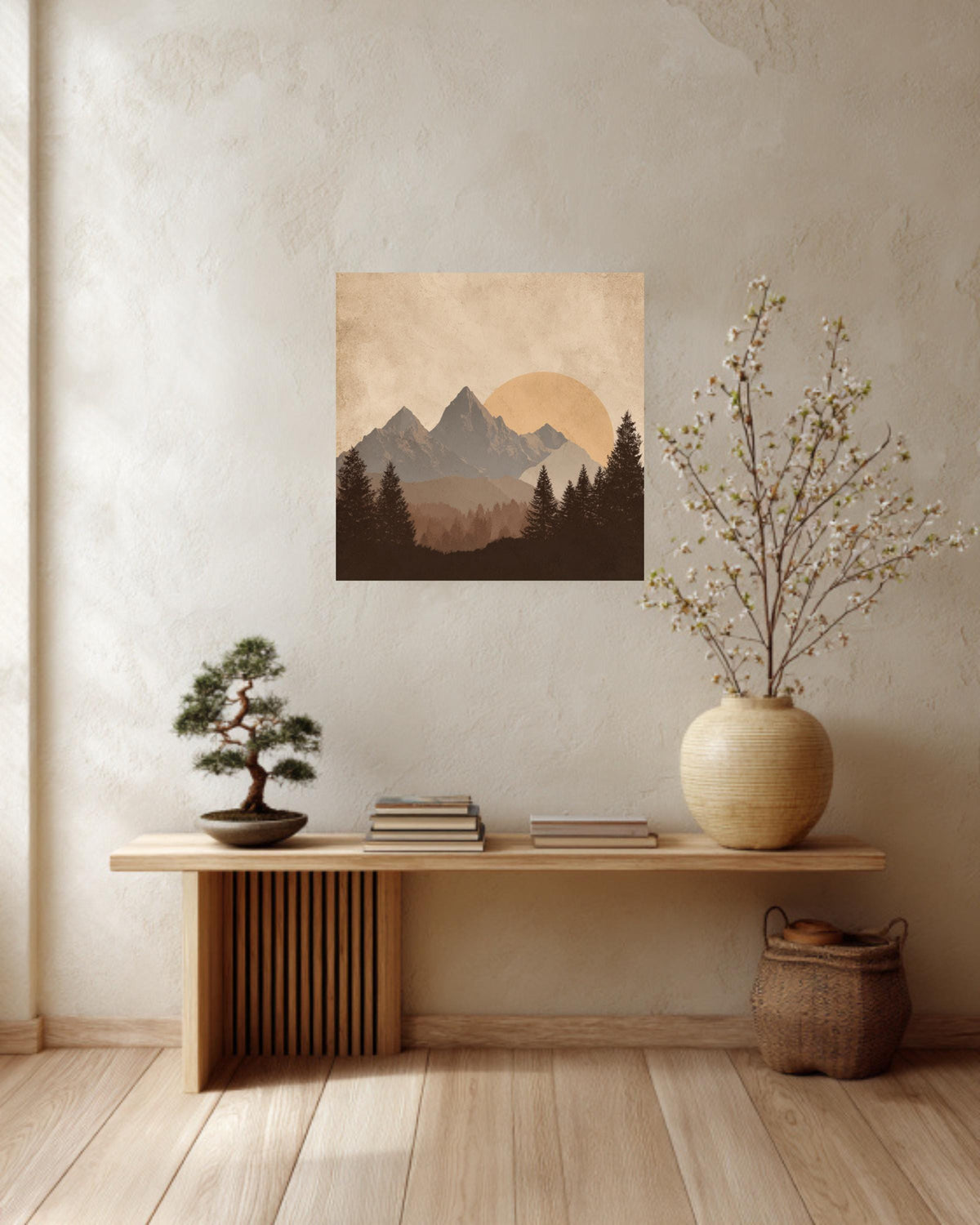 Minimalist Mountain Canvas Art, Sun and Forest Scenery, Mid Century Modern