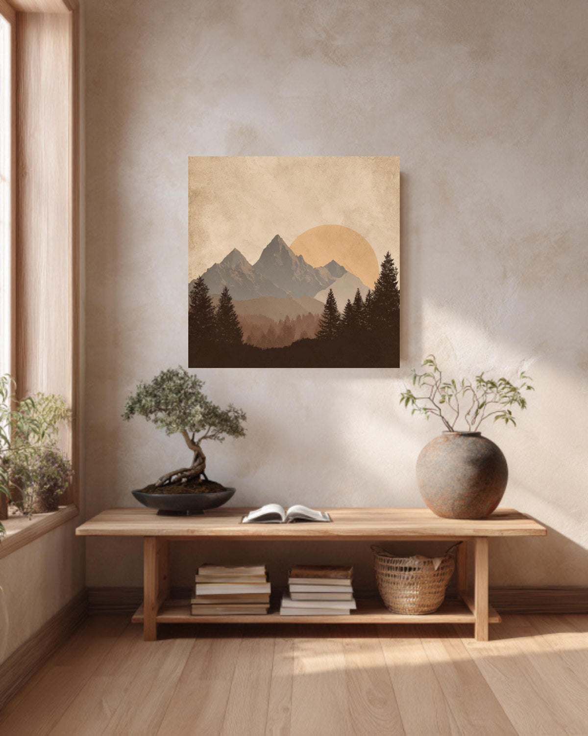 Minimalist Mountain Canvas Art, Sun and Forest Scenery, Mid Century Modern