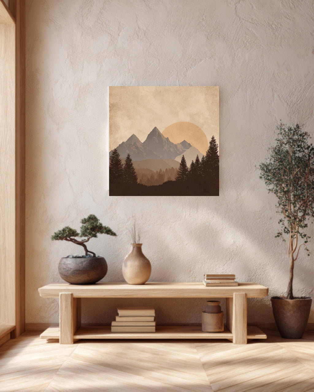 Minimalist Mountain Canvas Art, Sun and Forest Scenery, Mid Century Modern