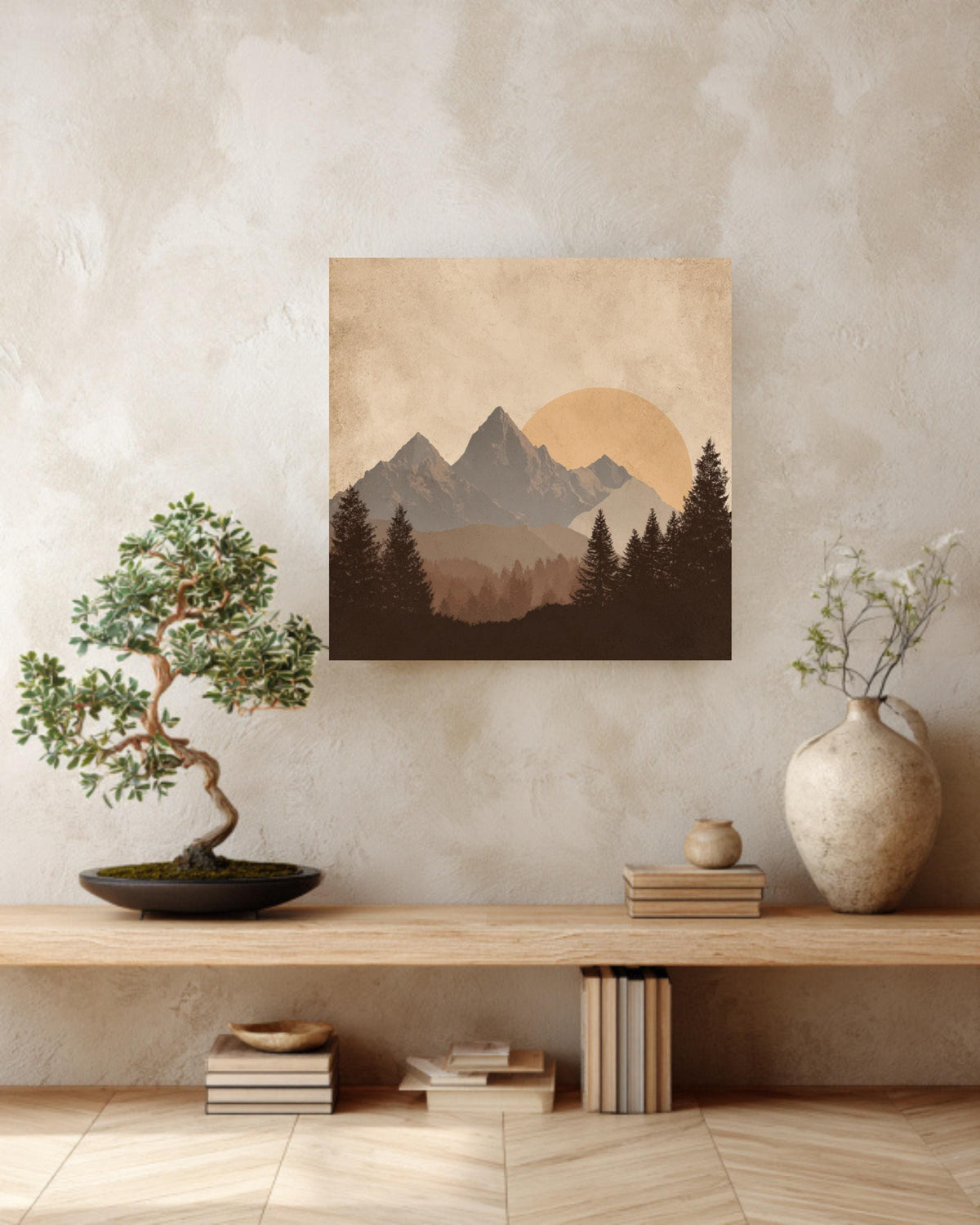 Minimalist Mountain Canvas Art, Sun and Forest Scenery, Mid Century Modern