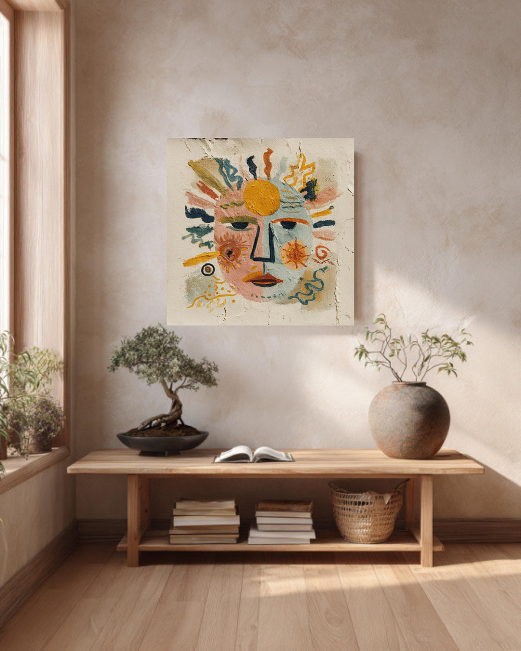 Abstract Face Canvas Art, Sun and Moon Folk Art, Eclectic Decor