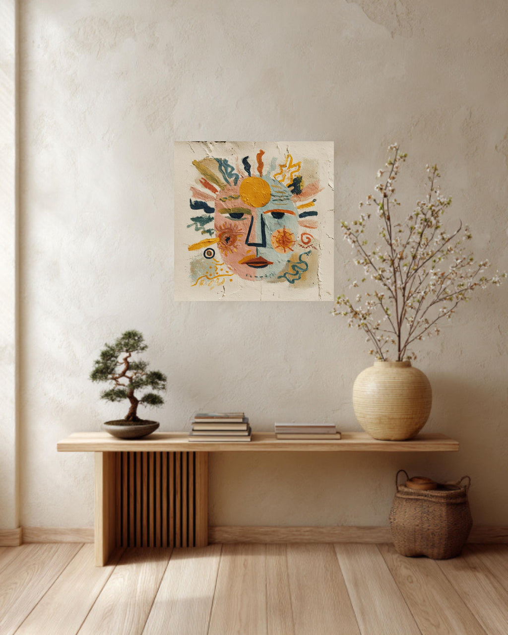 Abstract Face Canvas Art, Sun and Moon Folk Art, Eclectic Decor