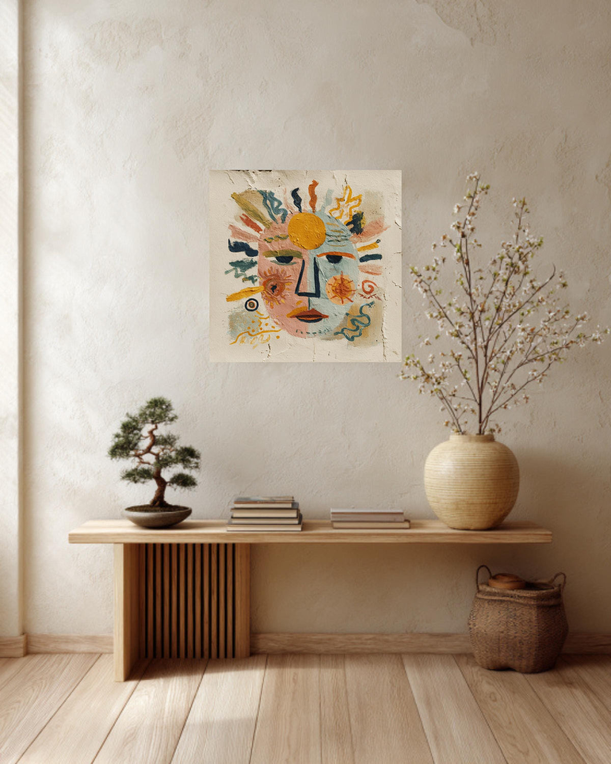 Abstract Face Canvas Art, Sun and Moon Folk Art, Eclectic Decor
