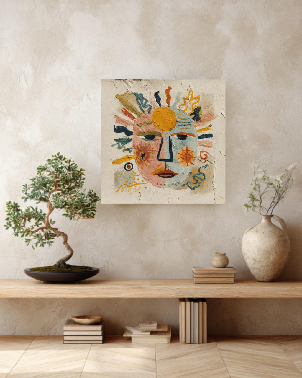 Abstract Face Canvas Art, Sun and Moon Folk Art, Eclectic Decor