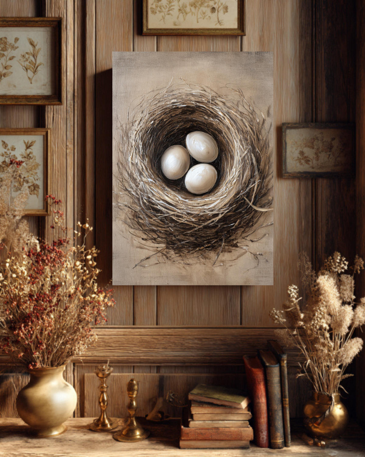 Rustic Bird Nest Canvas Print: Neutral Farmhouse Wall Art