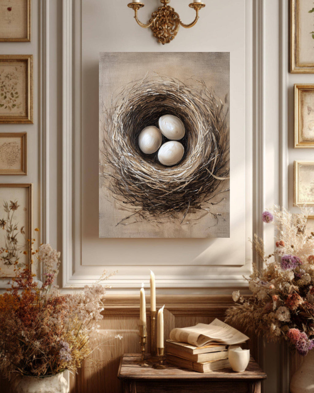 Rustic Bird Nest Canvas Print: Neutral Farmhouse Wall Art