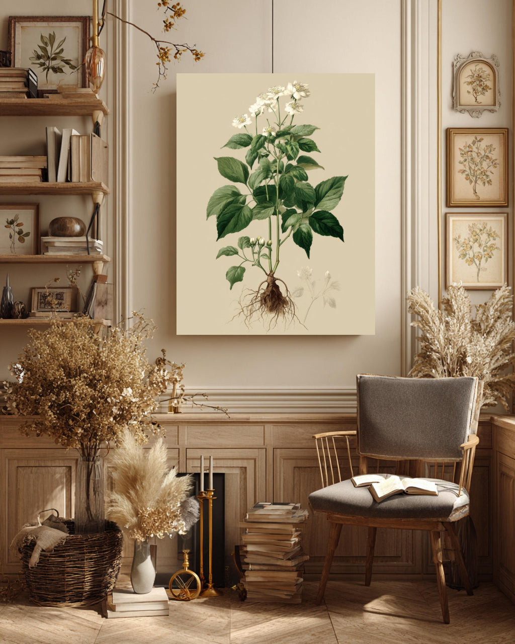 Vintage Botanical Print: White Flowers, Roots, Framed Canvas Art