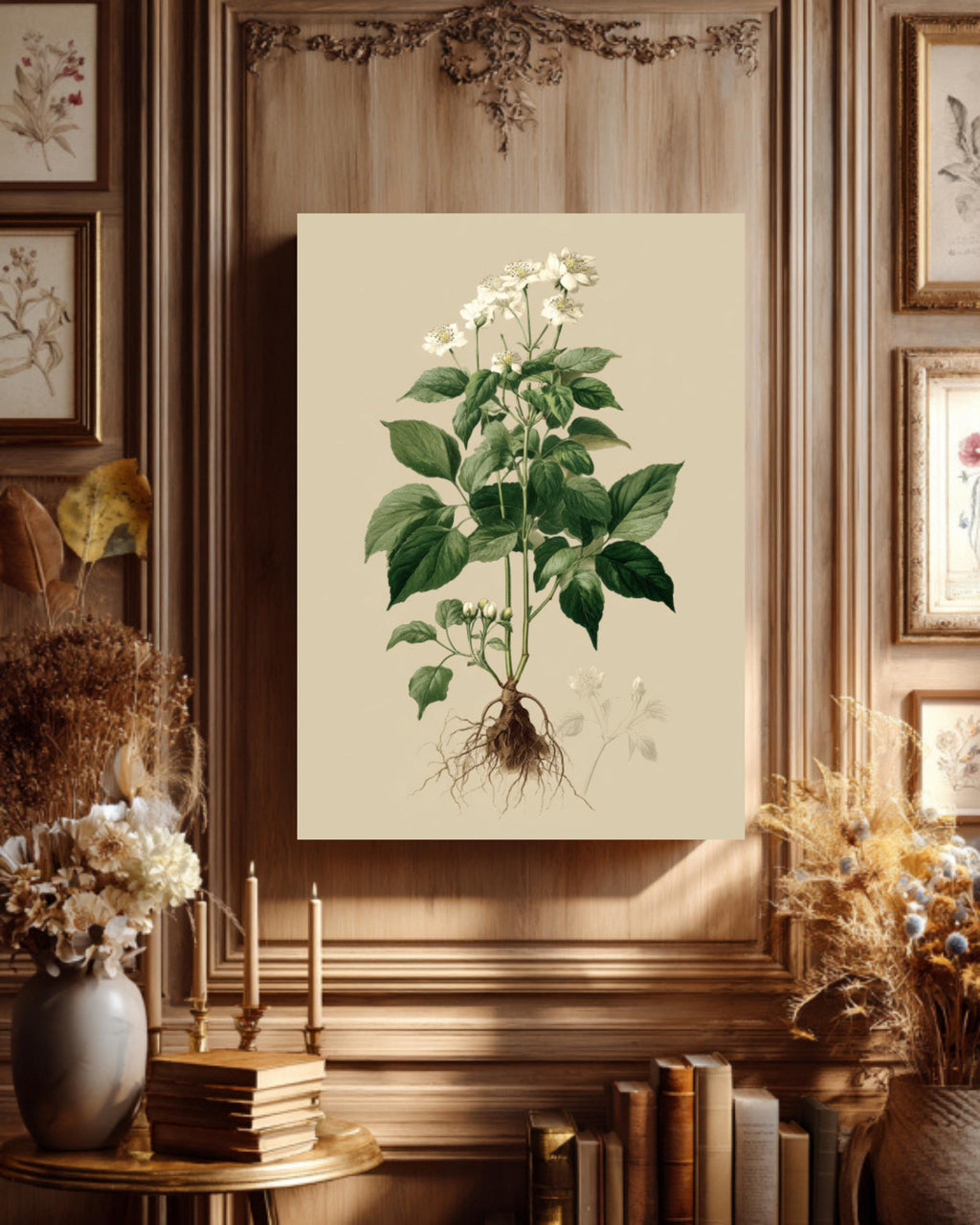 Vintage Botanical Print: White Flowers, Roots, Framed Canvas Art