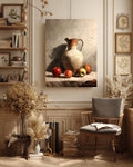 Rustic Kitchen Canvas Art: Ceramic Jug & Red Apples Still Life