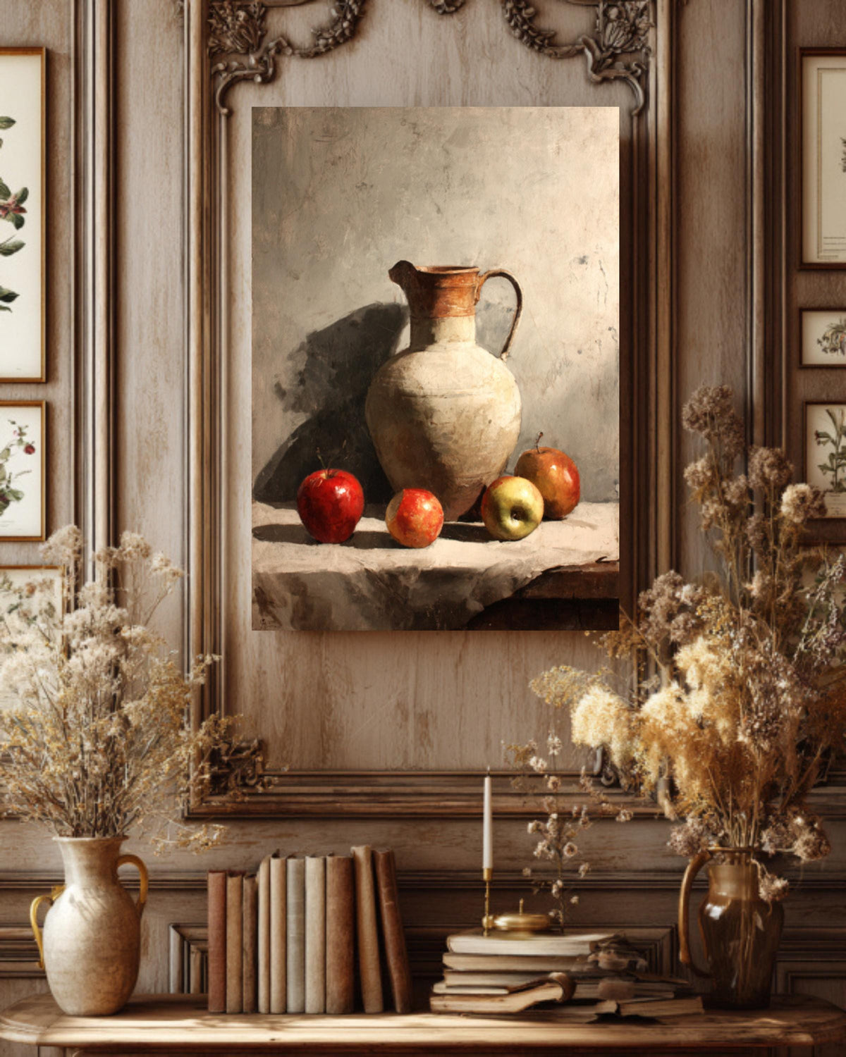 Rustic Kitchen Canvas Art: Ceramic Jug & Red Apples Still Life