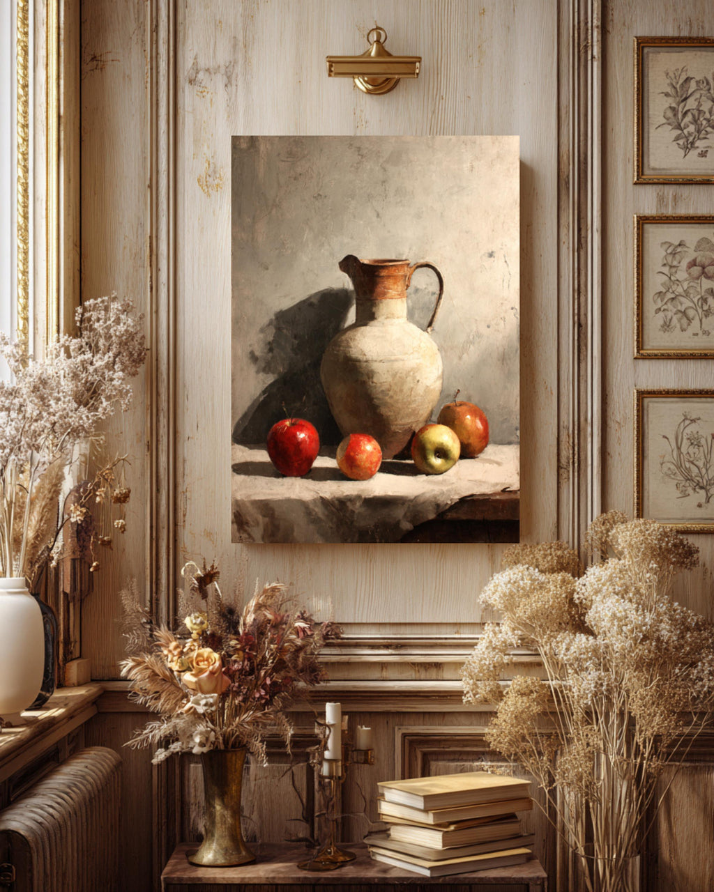 Rustic Kitchen Canvas Art: Ceramic Jug & Red Apples Still Life