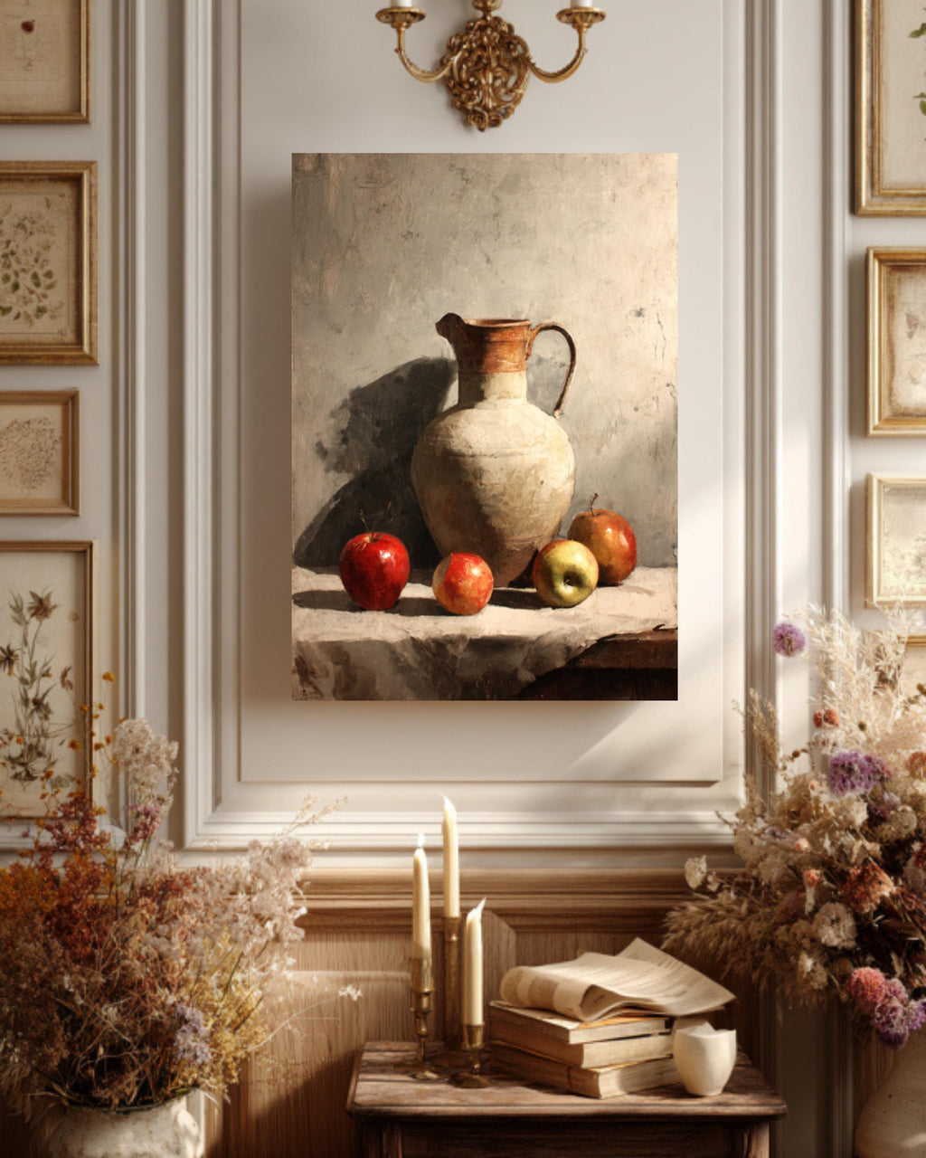 Rustic Kitchen Canvas Art: Ceramic Jug & Red Apples Still Life