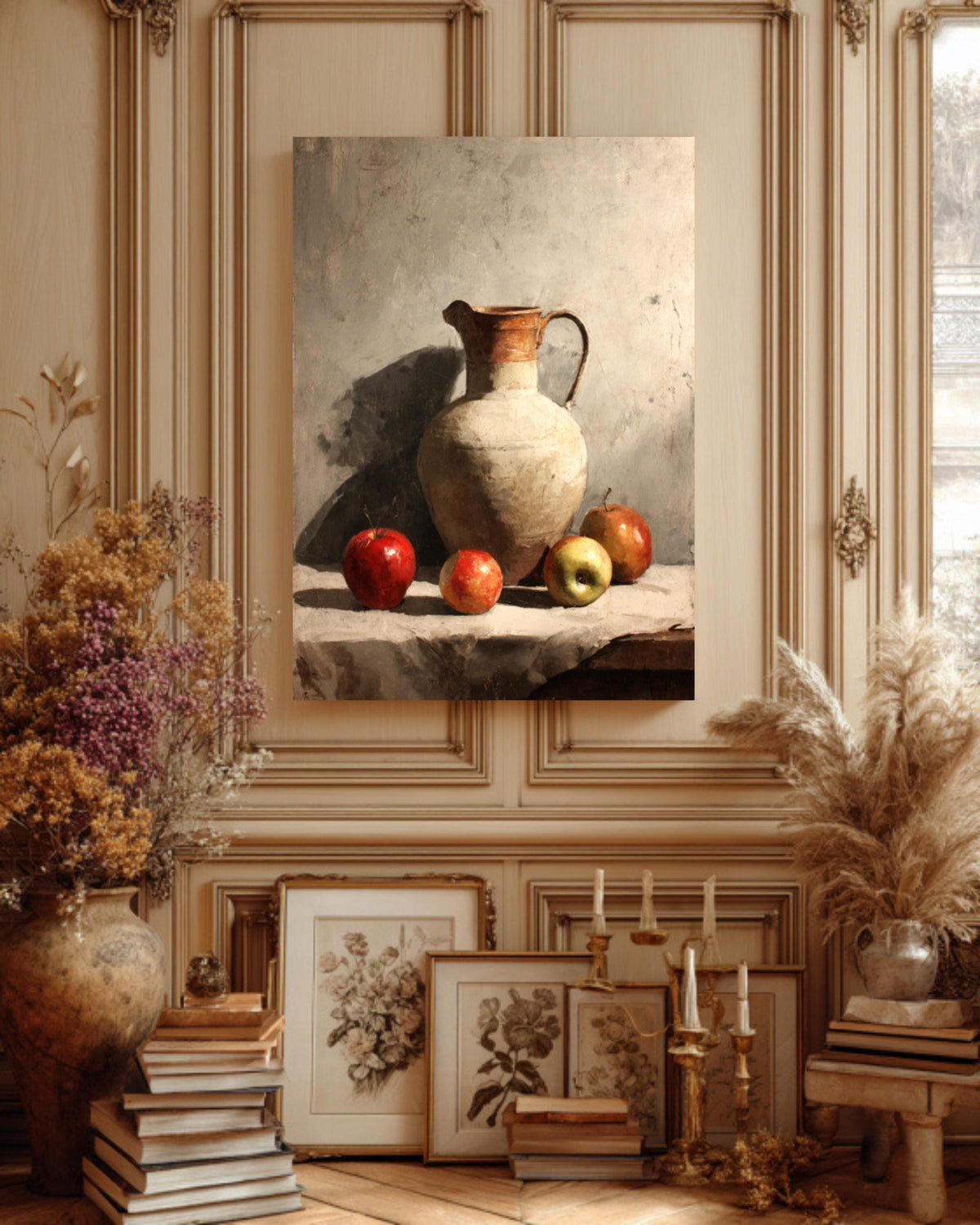 Rustic Kitchen Canvas Art: Ceramic Jug & Red Apples Still Life