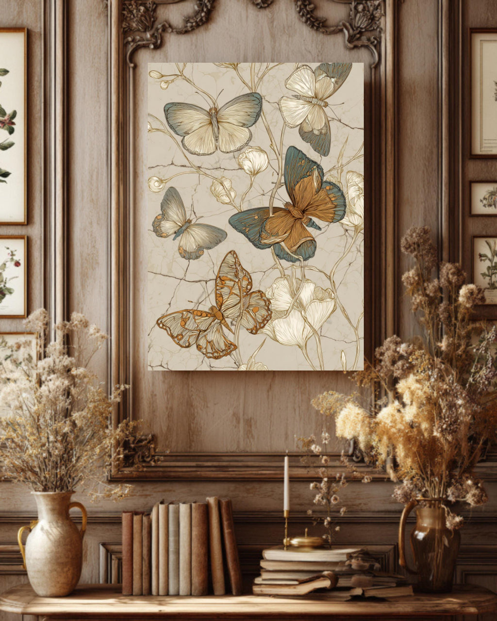 Vintage Butterfly Sketch Canvas Art, Boho Floral Illustration