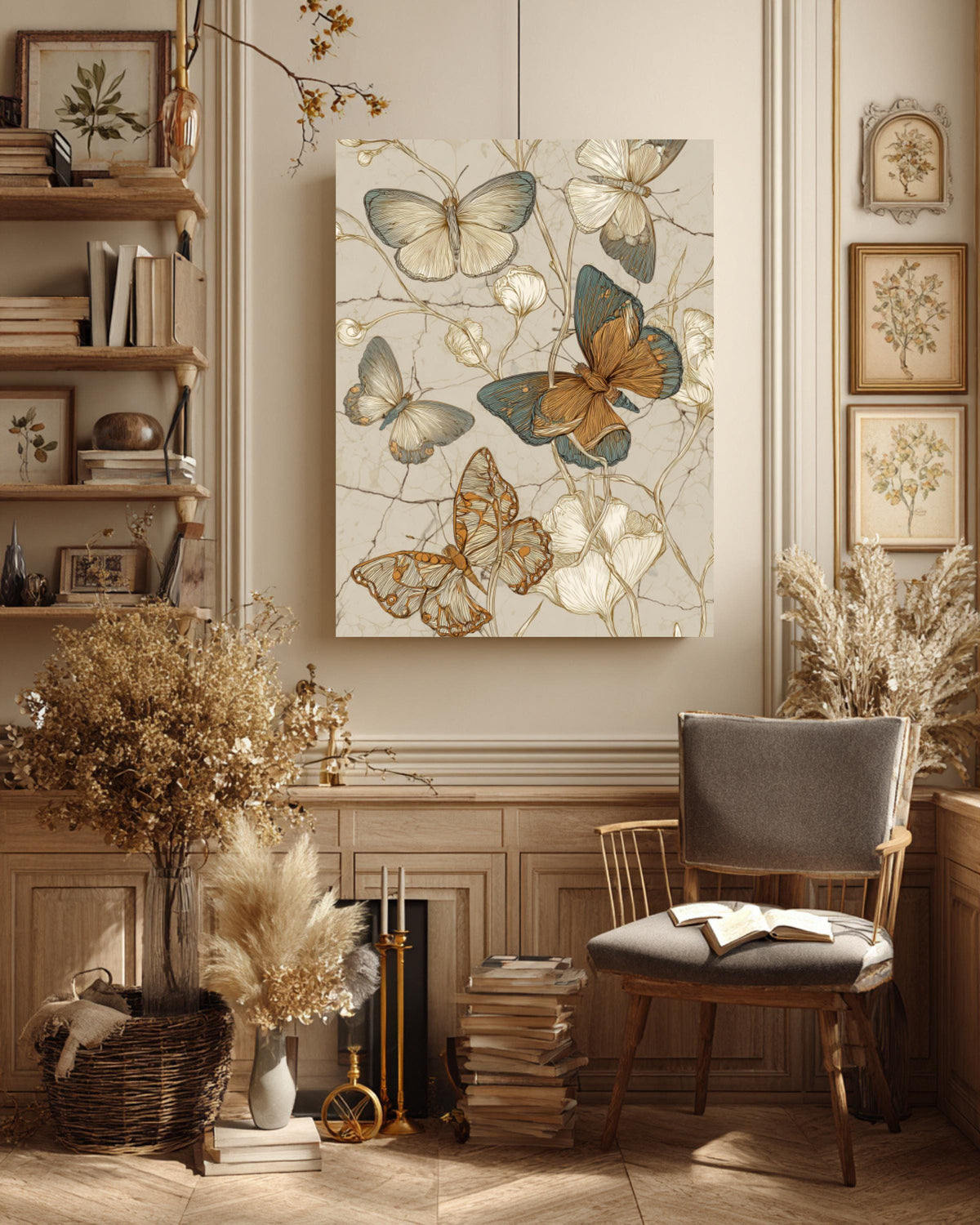 Vintage Butterfly Sketch Canvas Art, Boho Floral Illustration