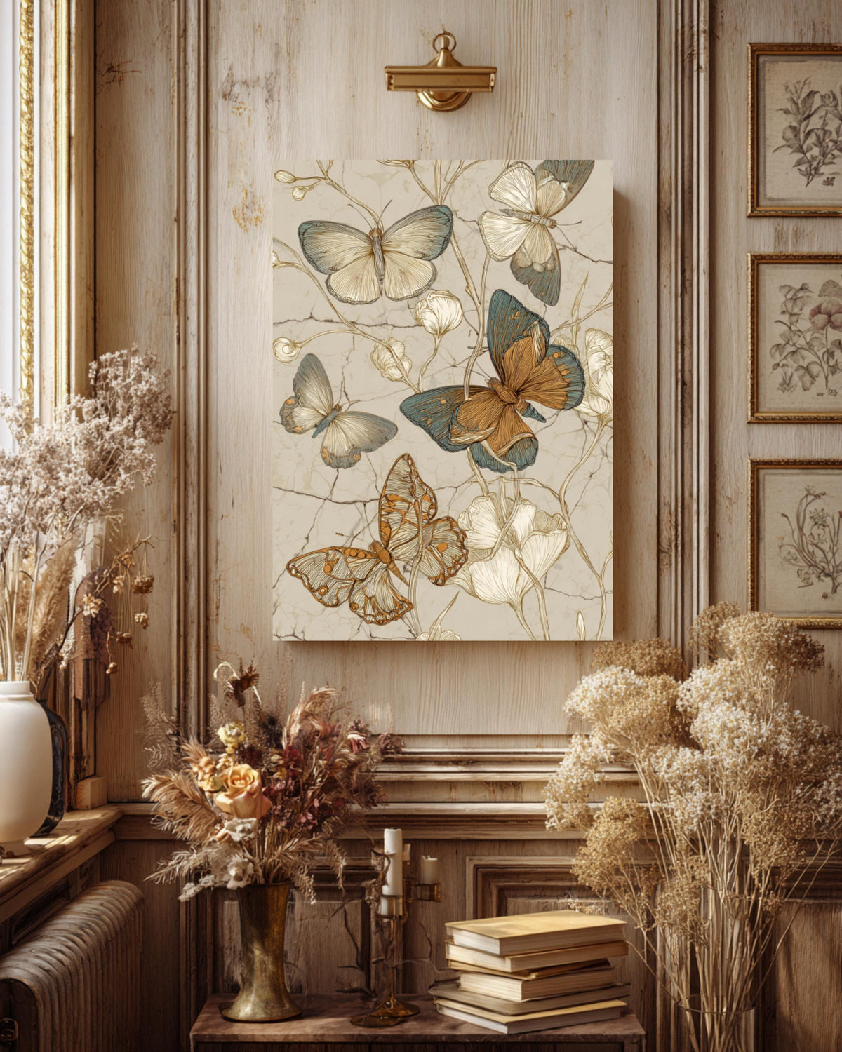 Vintage Butterfly Sketch Canvas Art, Boho Floral Illustration
