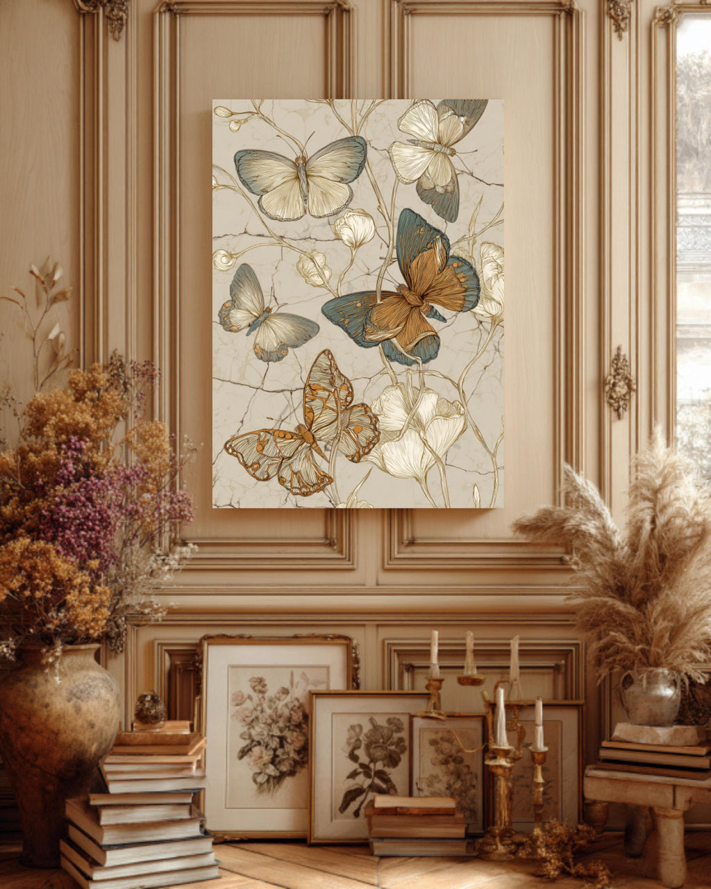 Vintage Butterfly Sketch Canvas Art, Boho Floral Illustration