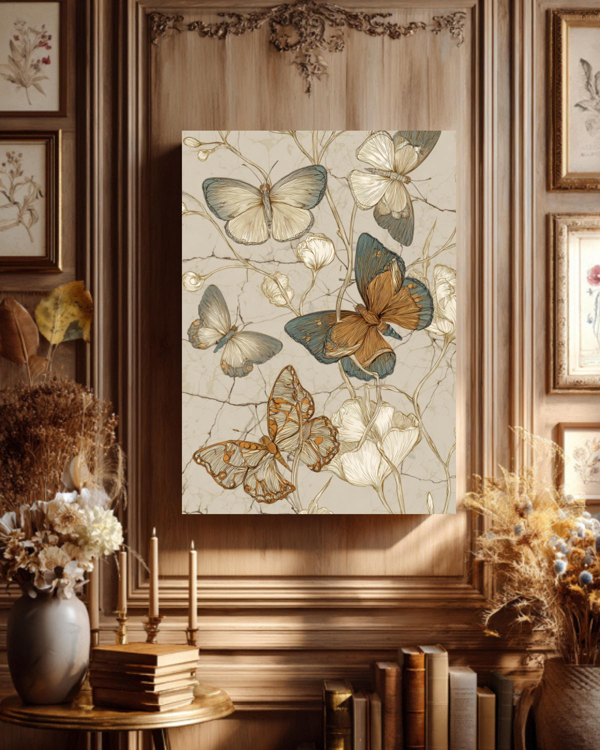 Vintage Butterfly Sketch Canvas Art, Boho Floral Illustration