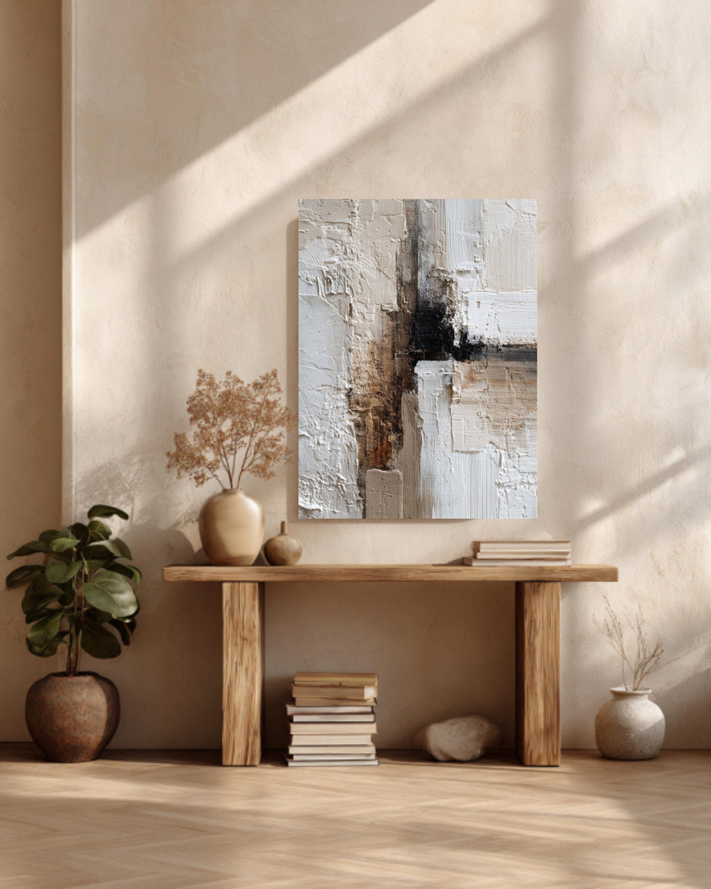 Textured Abstract Canvas Art: Beige Brown Palette Knife Painting