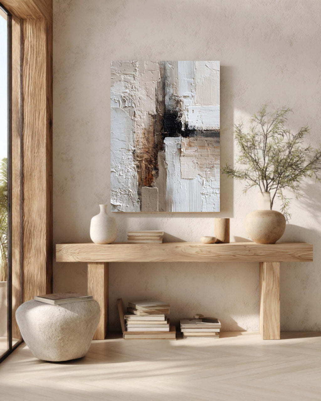 Textured Abstract Canvas Art: Beige Brown Palette Knife Painting