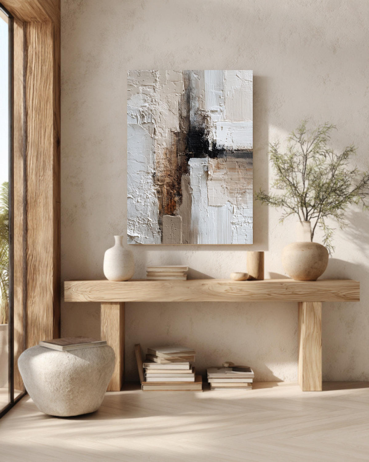 Textured Abstract Canvas Art: Beige Brown Palette Knife Painting
