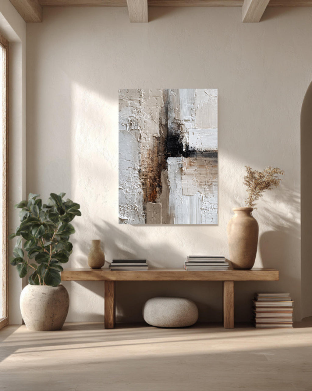 Textured Abstract Canvas Art: Beige Brown Palette Knife Painting