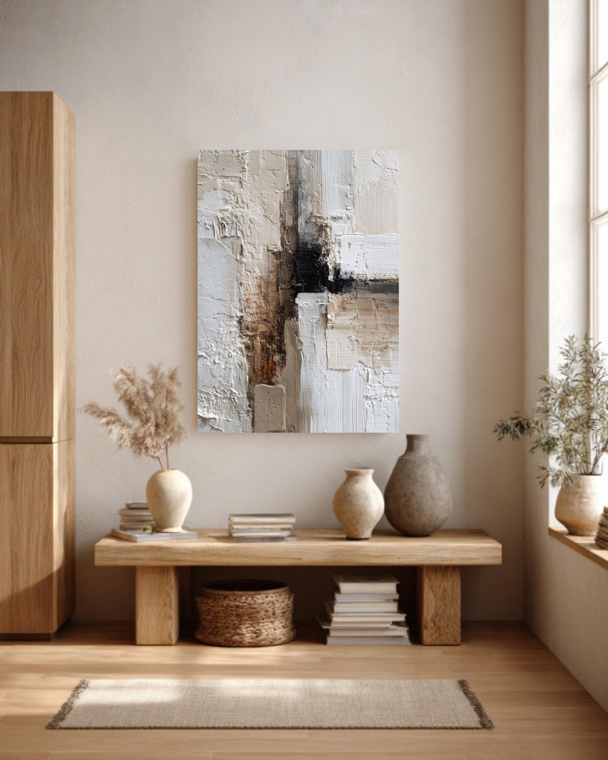 Textured Abstract Canvas Art: Beige Brown Palette Knife Painting