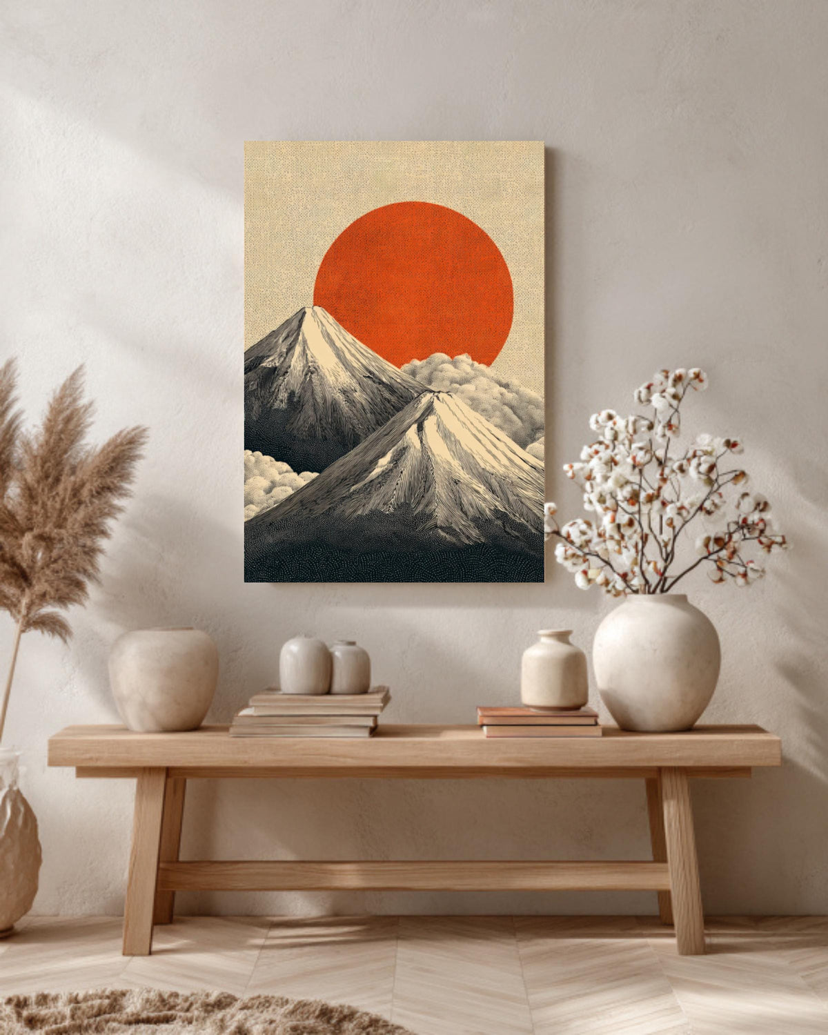 Mount Fuji Canvas Print: Japanese Landscape, Red Sun, Zen Art