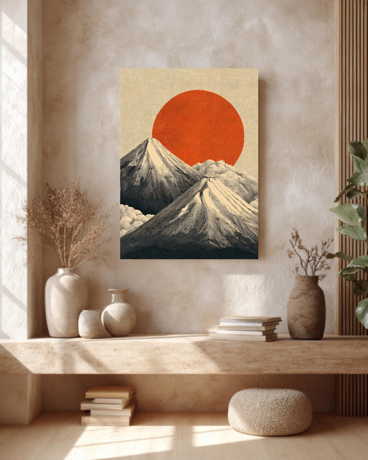 Mount Fuji Canvas Print: Japanese Landscape, Red Sun, Zen Art