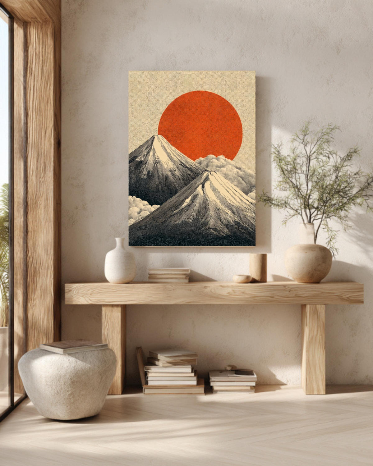 Mount Fuji Canvas Print: Japanese Landscape, Red Sun, Zen Art